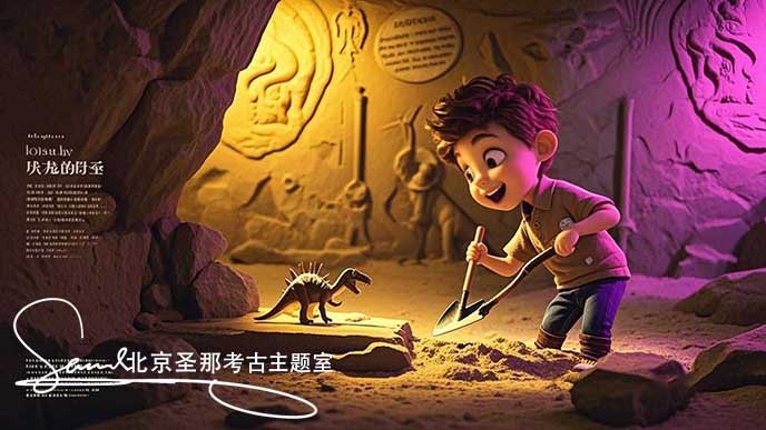 jimeng-2025-05-21-114-这张图片呈现了一个充满趣味的考古场景 。周围环境被黄光和粉紫色灯光笼罩，营造出神秘氛围。小朋友身处仿真山洞的空间内，在模拟的考古探险情境中探索，体验发现宝藏....jpeg