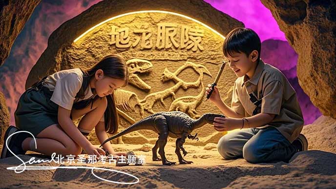 jimeng-2025-05-21-115-这张图片呈现了一个充满趣味的考古场景 。周围环境被黄光和粉紫色灯光笼罩，营造出神秘氛围。小朋友身处仿真山洞的空间内，在模拟的考古探险情境中探索，体验发现宝藏....jpeg