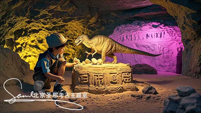 jimeng-2025-05-21-116-这张图片呈现了一个充满趣味的考古场景 。周围环境被黄光和粉紫色灯光笼罩，营造出神秘氛围。小朋友身处仿真山洞的空间内，在模拟的考古探险情境中探索，体验发现宝藏....jpeg