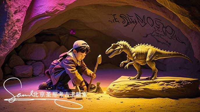 1750038874109444.jpeg jimeng-2025-05-21-120-这张图片呈现了一个充满趣味的考古场景 。周围环境被黄光和粉紫色灯光笼罩,营造出神秘氛围。小朋友身处仿真山洞的空间内,在模拟的考古探险情境中探索,体验发现宝藏....jpeg